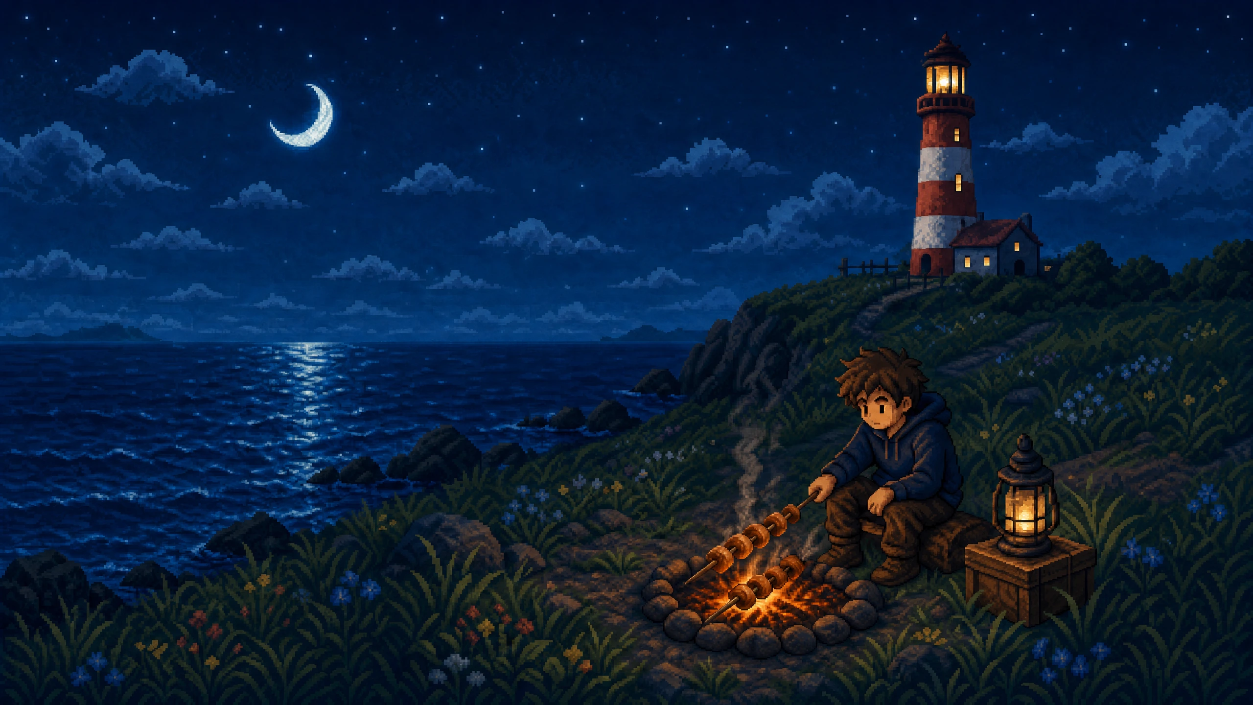 A campfire below a lighthouse on a pixel-art coastline at night